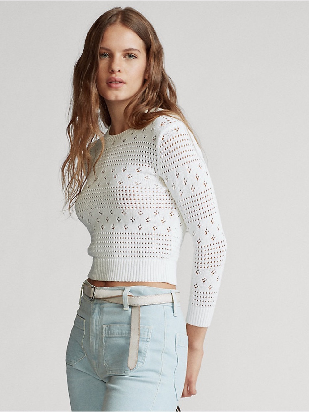 Polo Ralph Lauren 100% Cotton Cropped Pointelle Knit Sweater Size M White